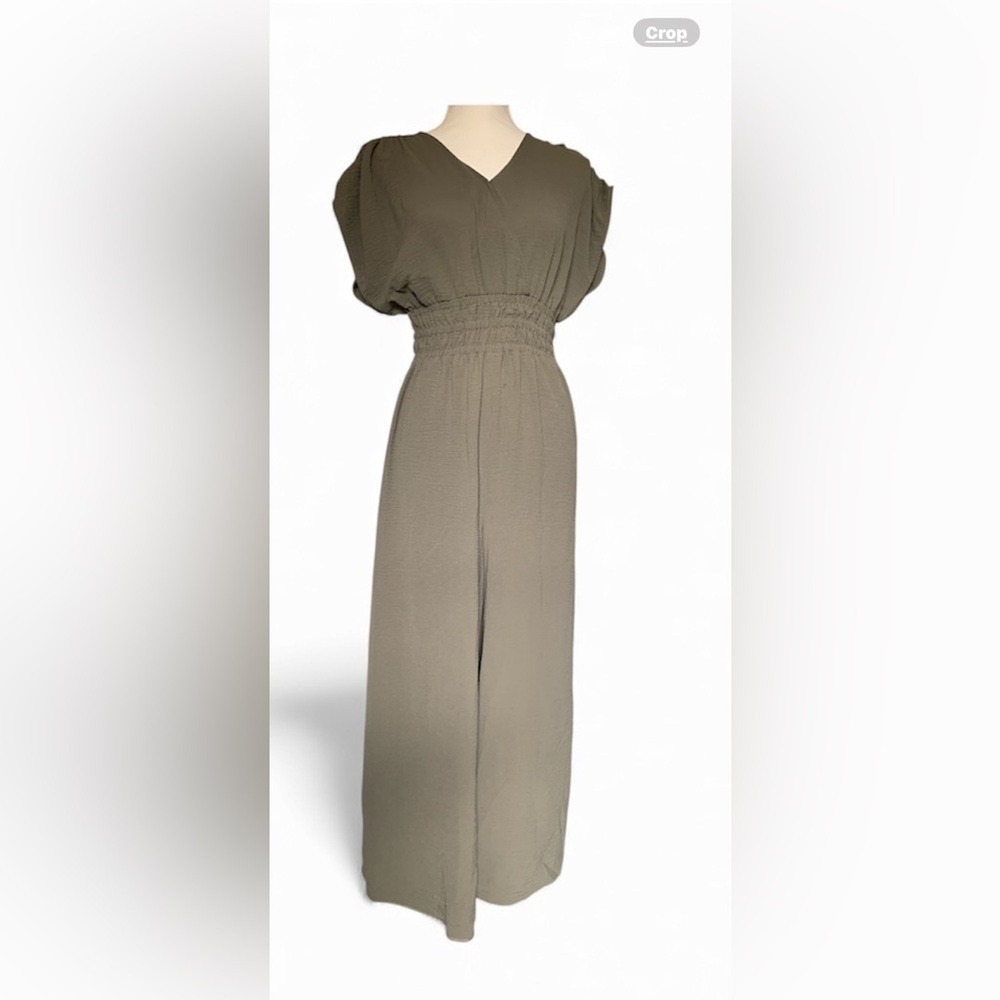 Calvin Klein Olive Green Textured Smocked Waist Wide Leg Jumpsuit Preloved 4